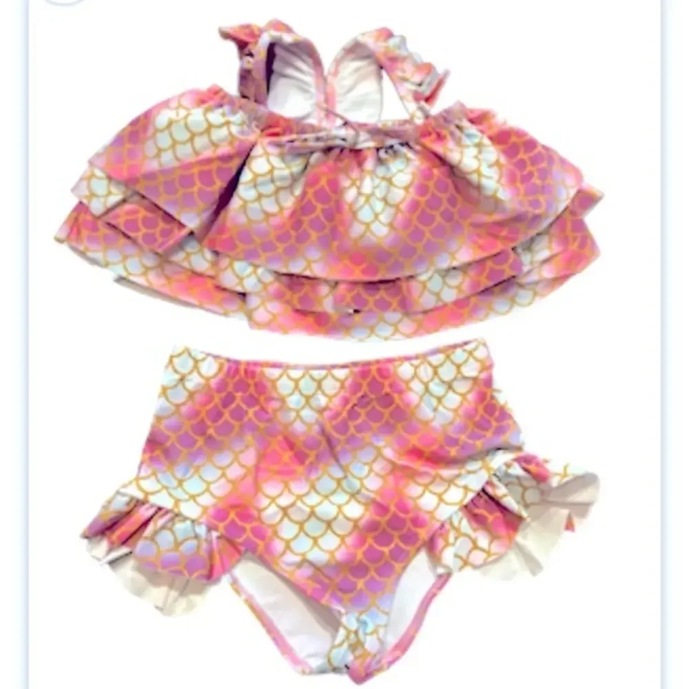 NWT Girls Mermaid Bikini Set Ruffle Tiered‎ Top and Bottoms 2 PCs Swimsu…